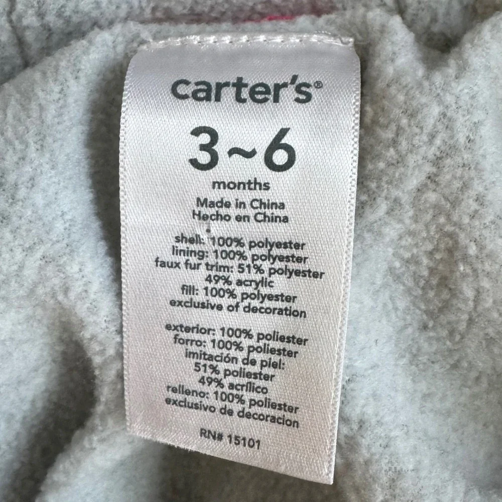 Carters 3-6 Months Pink Snowsuit Puffer Footed Star Print Hooded Warm‎ Winter